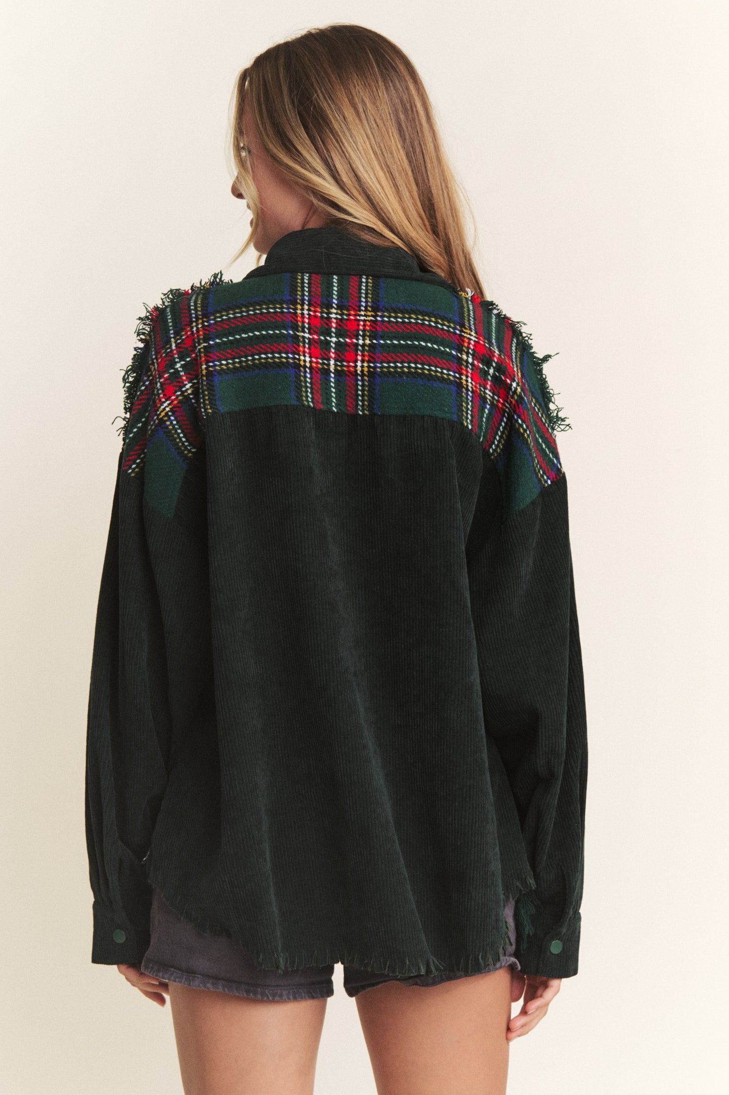 FRAY CORDUROY/PLAID COLORBLOCK COLLAR JACKET