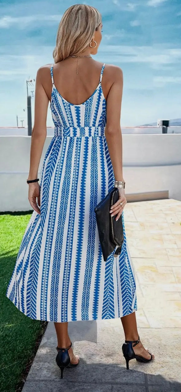 Geo Print Split Thigh Halter Dress