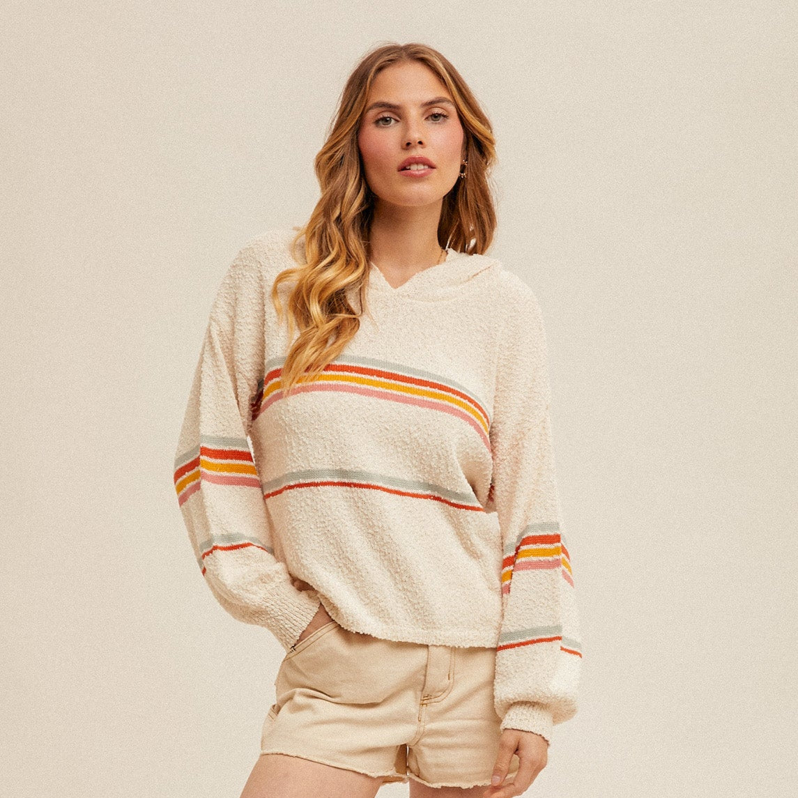 STRIPE TEXTURED BUBBLE SLEEVE SWEATER HOODIE