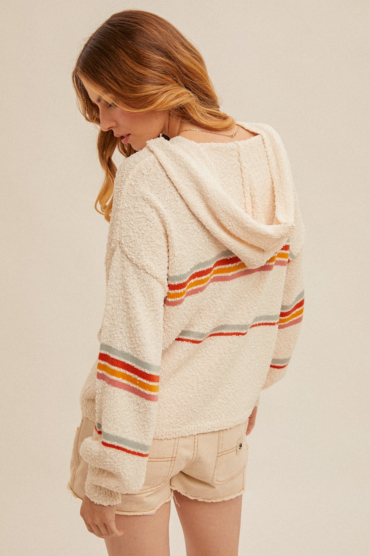 STRIPE TEXTURED BUBBLE SLEEVE SWEATER HOODIE