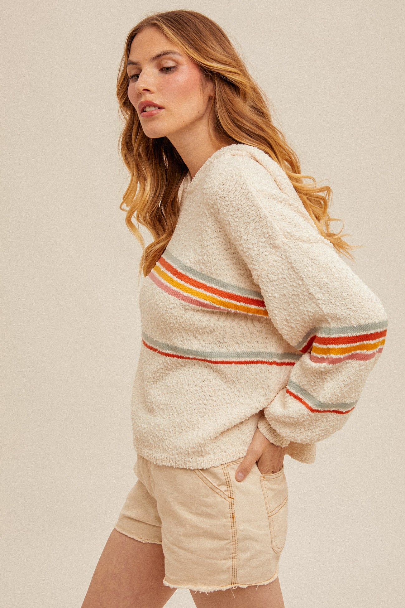 STRIPE TEXTURED BUBBLE SLEEVE SWEATER HOODIE
