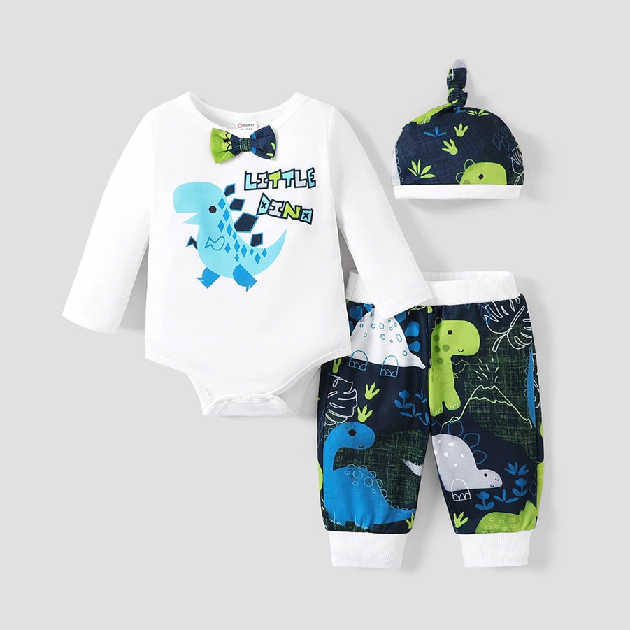 3PCS Boy DinosaurS Triangle Onesie, Pant, Hat Set