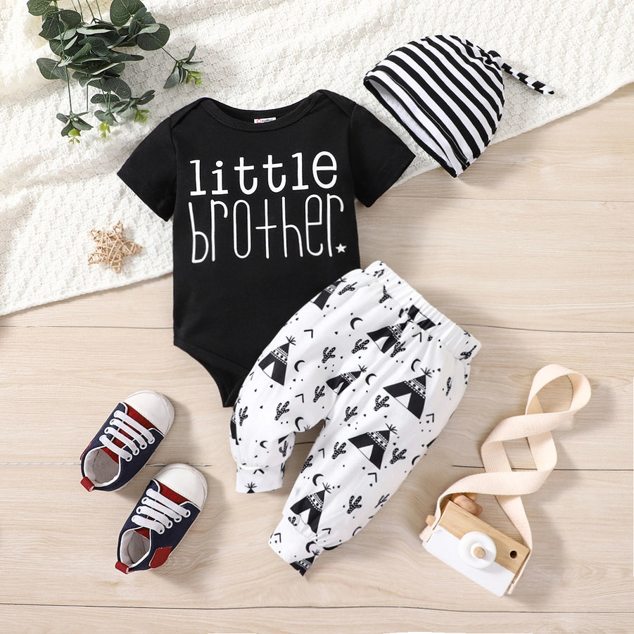 3pcs Little Brother Boy Onesie and Cactus Pants & Striped Hat Set