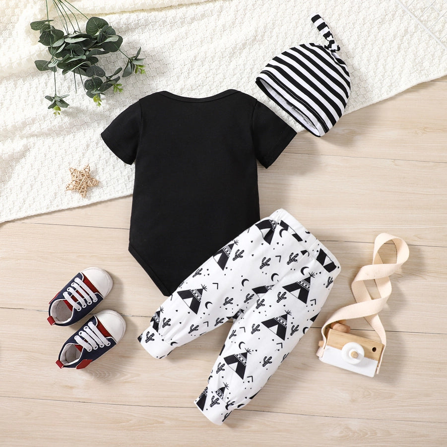 3pcs Little Brother Boy Onesie and Cactus Pants & Striped Hat Set