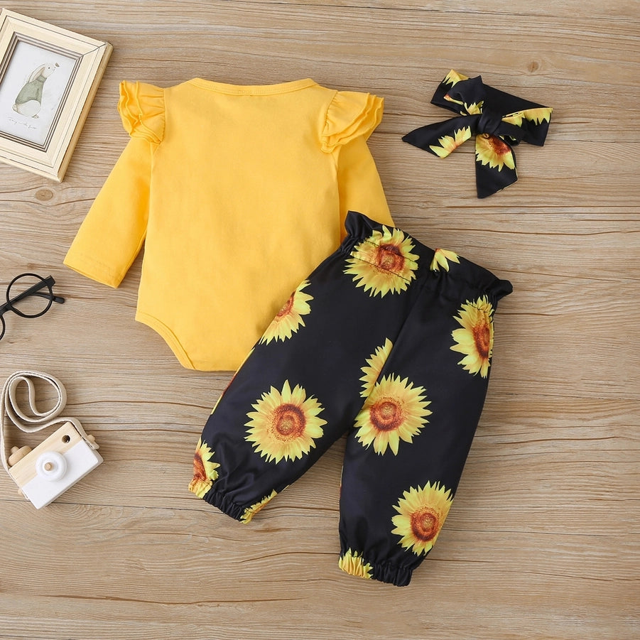 3pcs Sunflower Romper Pants with Headband Set