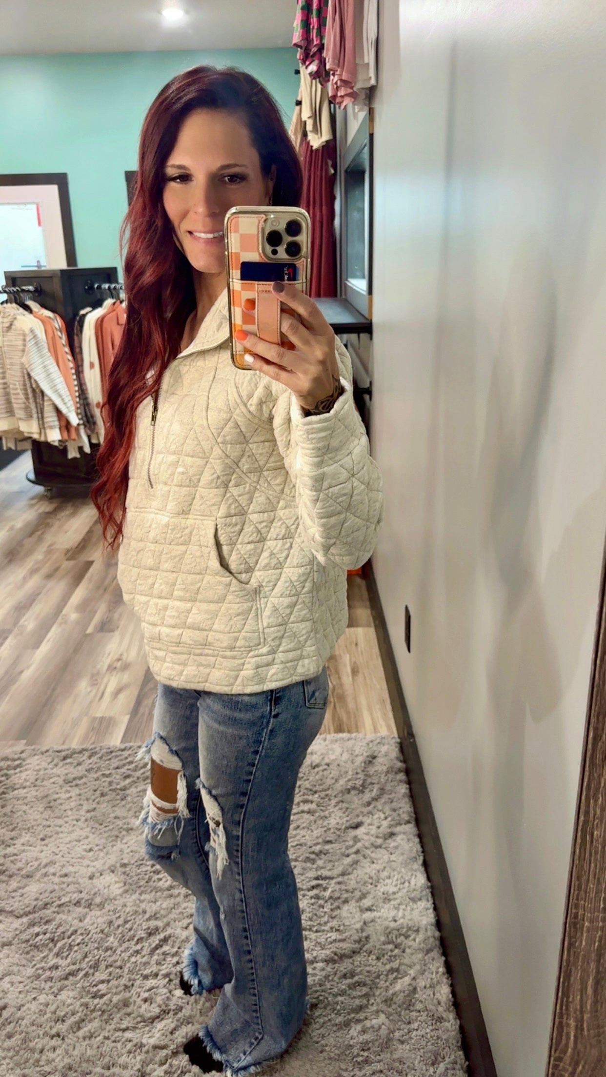 QUILTED QUARTER ZIP UP SWEATSHIRT