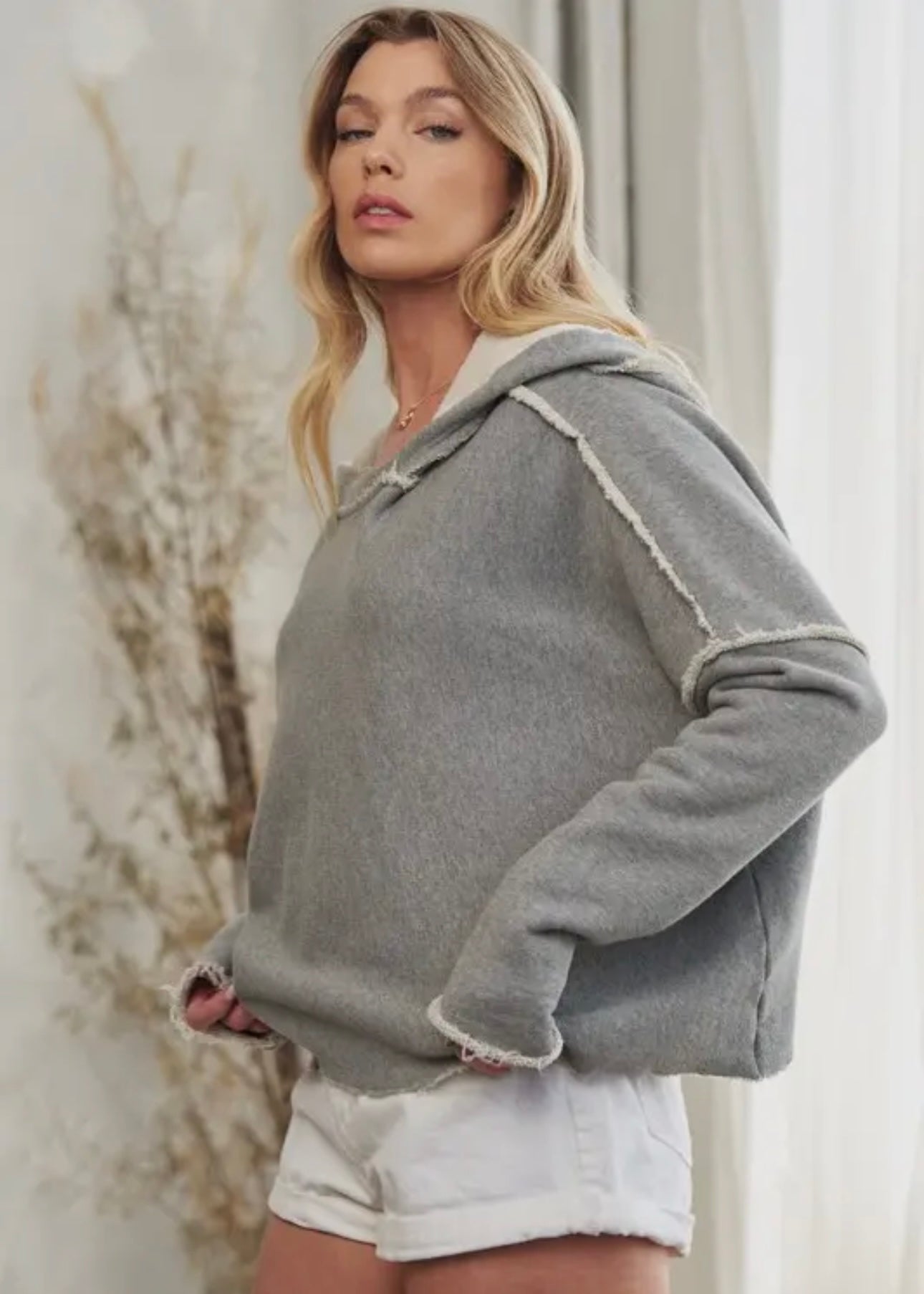 Unfinished hem French hoodie