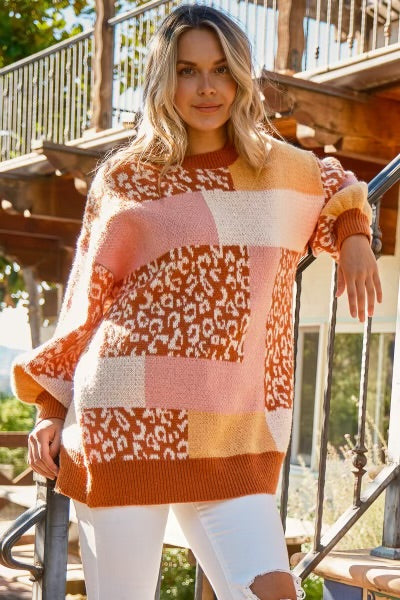 Leopard Printed Colored Block Sweater
