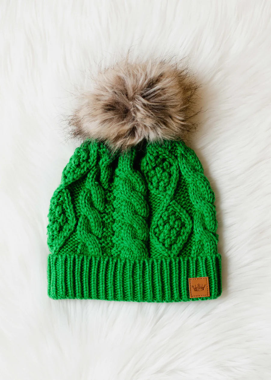 Bright green cable knit hat