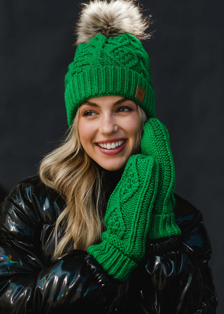 Bright green cable knit hat