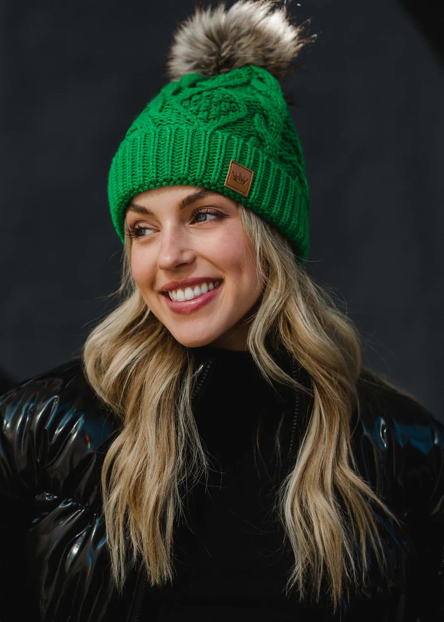 Bright green cable knit hat