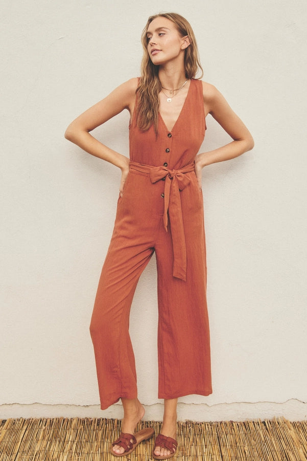 Button Down Sash Belt Jumpsuit