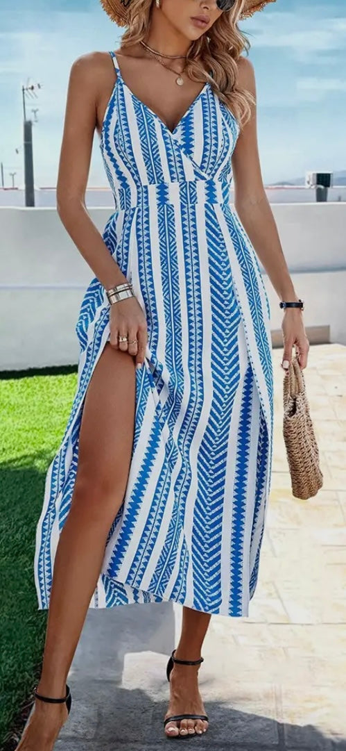 Geo Print Split Thigh Halter Dress