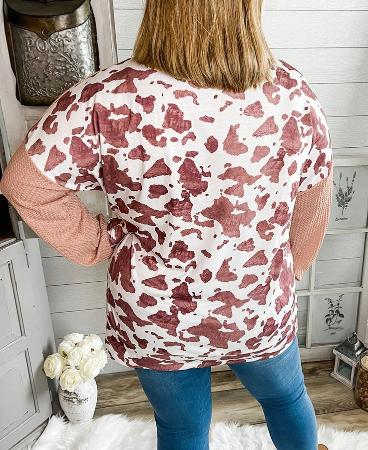Cow Spots Colorblock Long Sleeve Plus Size Top