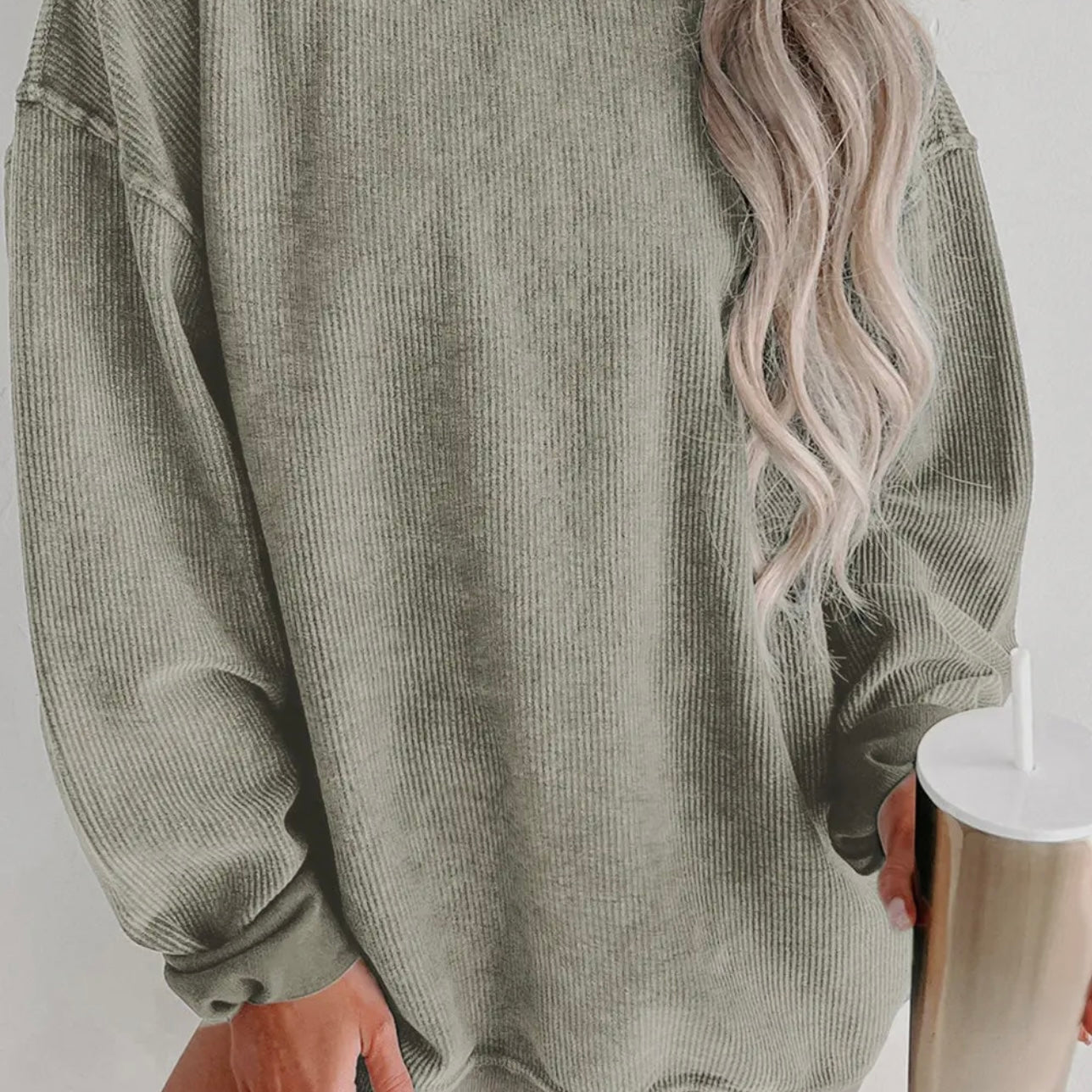 Corded Knit Round Neck Pull Over Sweatshirt