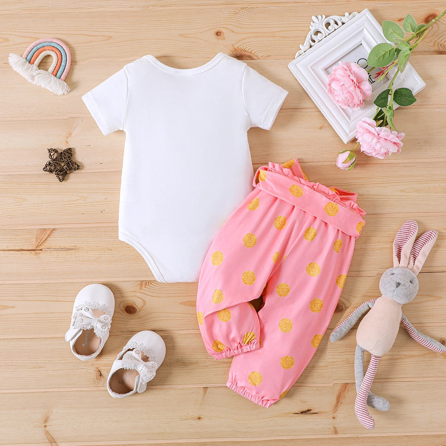 Easter 3pcs Girl Romper and Polka Pants with Belt Set