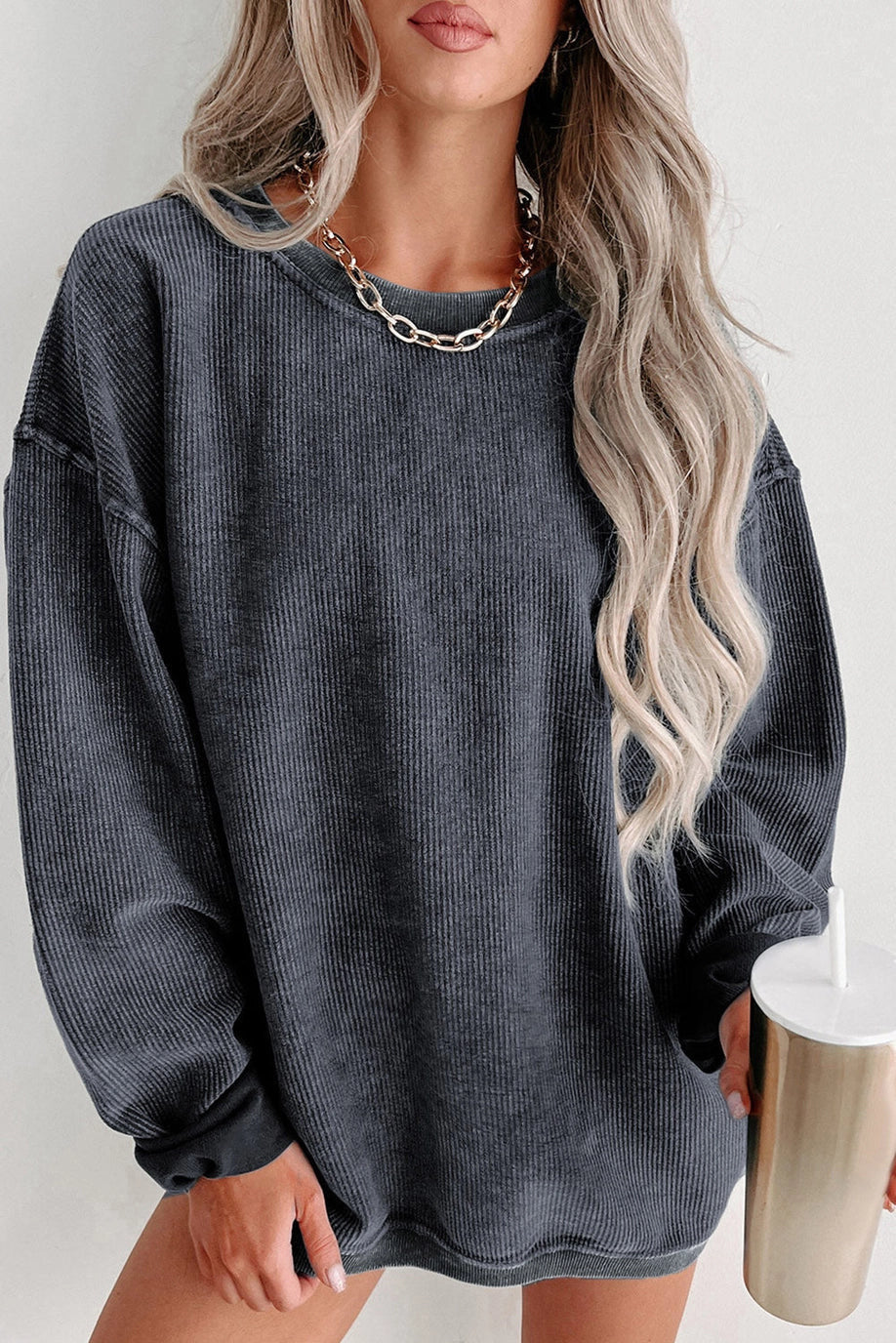 Corded Knit Round Neck Pull Over Sweatshirt