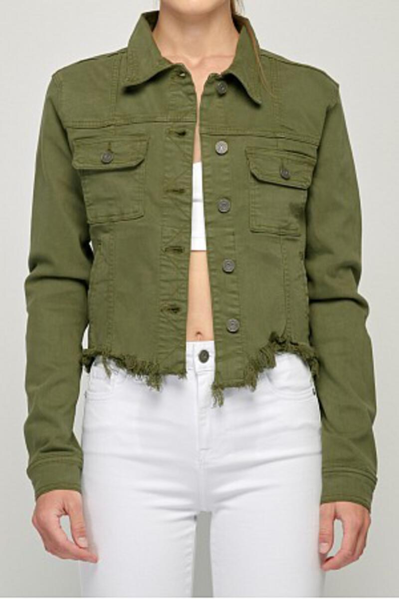 Military Green Frayed Cropped Fitted Jacket