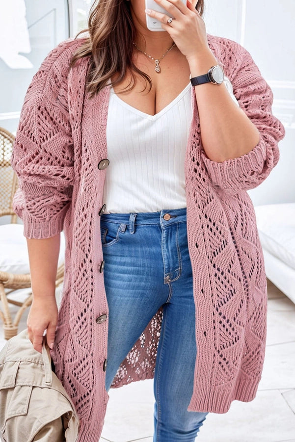 Open Knit Button-Up Curvy Cardigan