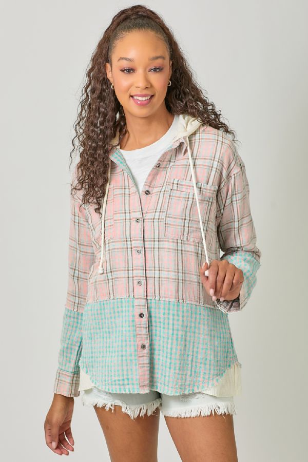 PLAID BUTTON UP WASHED HOODIE JACKET