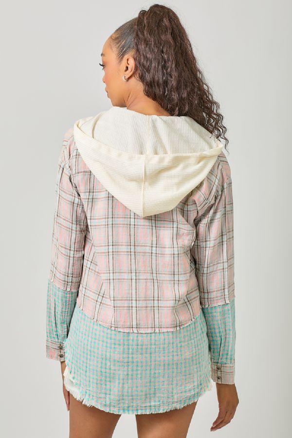 PLAID BUTTON UP WASHED HOODIE JACKET