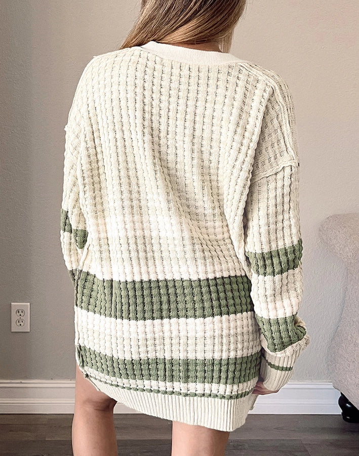Curvy Color Block Cable Knit Buttoned Cardigan
