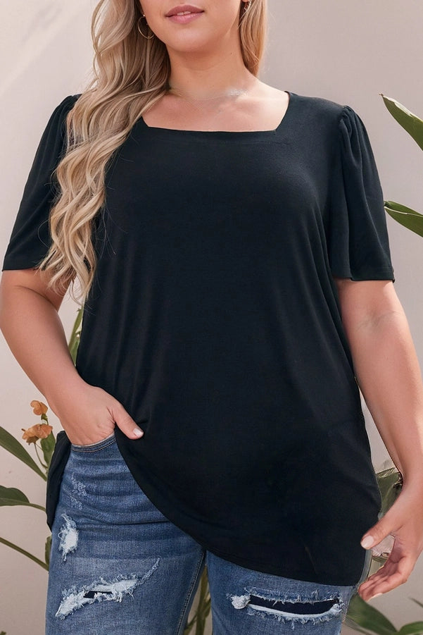 Curvy Square Neck Ruffed Shoulder Short Sleeve Top