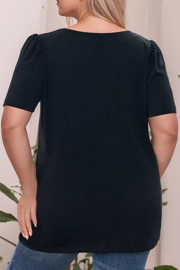 Curvy Square Neck Ruffed Shoulder Short Sleeve Top