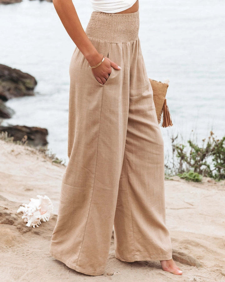 Smocked Elastic Waist Casual Wide Leg Pants