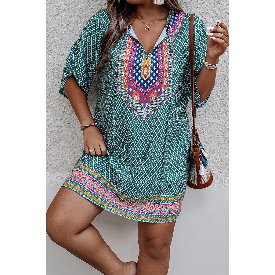 Curvy V Neck Printed Loose Fit Midi Dress