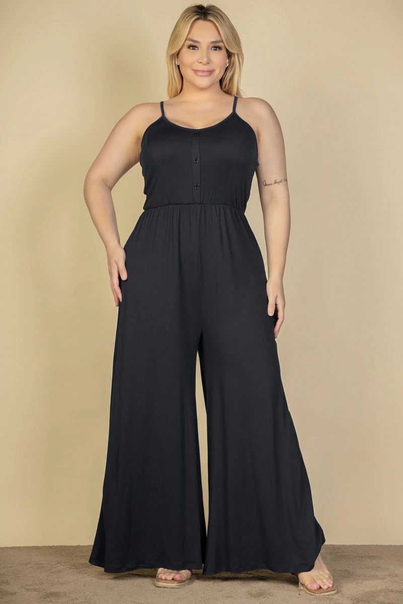 Curvy Button Front Wide Leg Jumpsuit