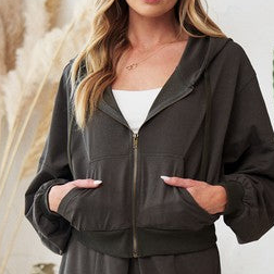 Solid Zip-Up Drop Shoulder Hooded Jacket