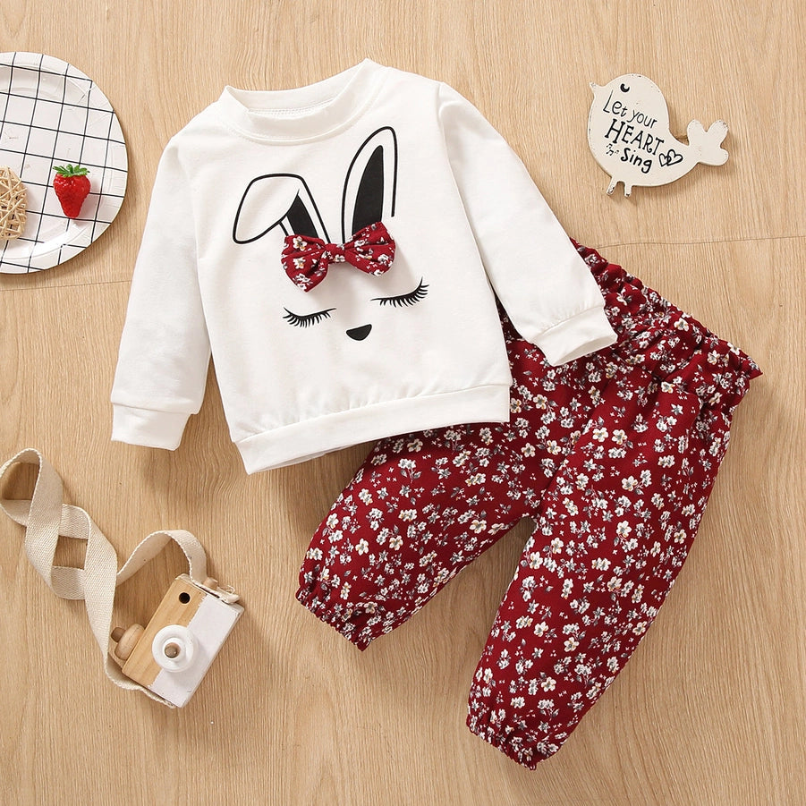 Girl Rabbit Sweatshirt and Floral Trousers Set