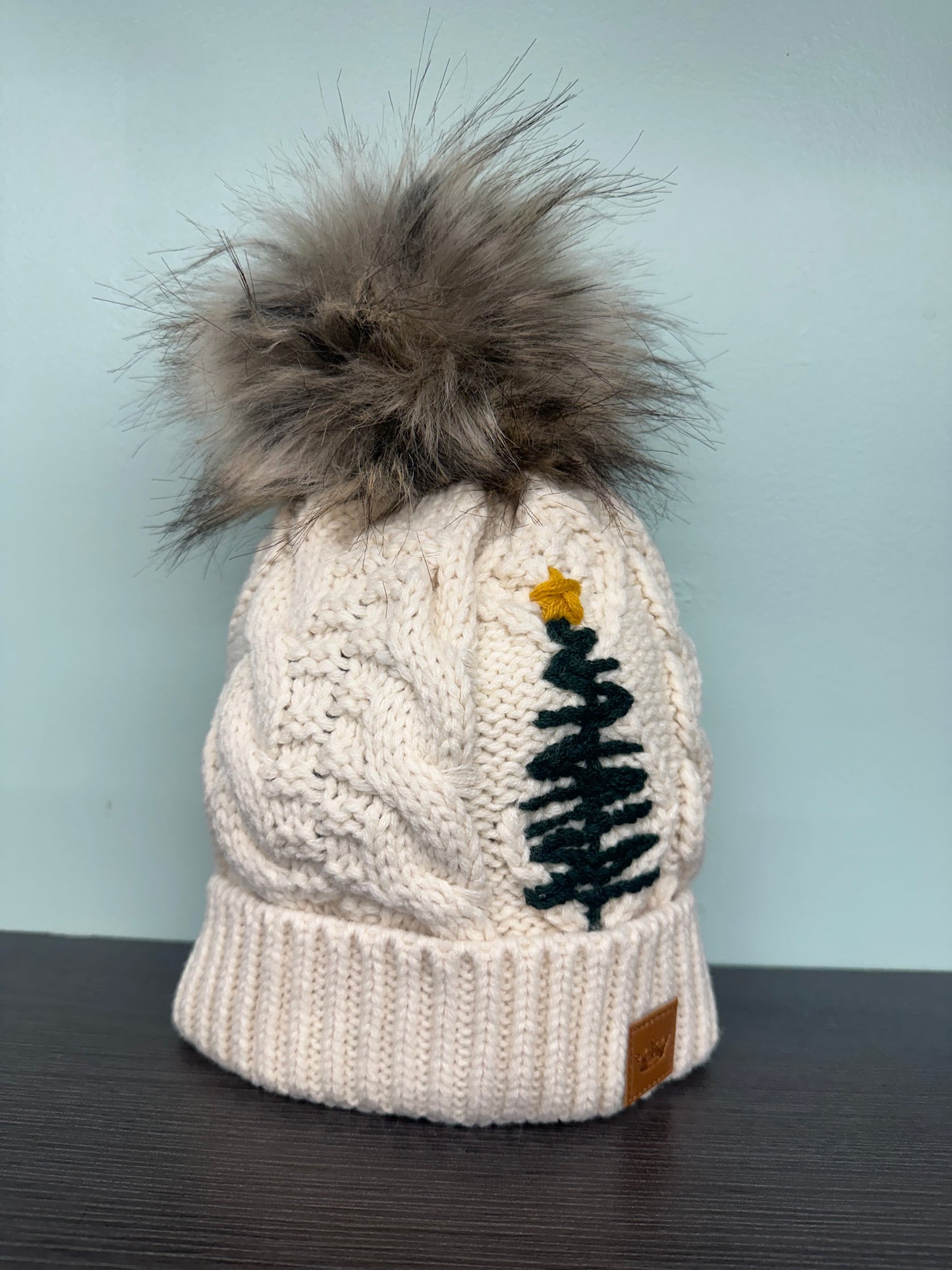 Embroidered Tree Cable Knit Pom Hat