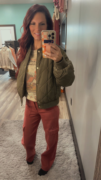 Style Expedition Olive Green Quilted Bomber Jacket