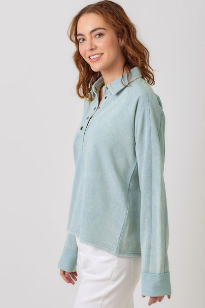 COLLARED TERRY BUTTON UP TOP