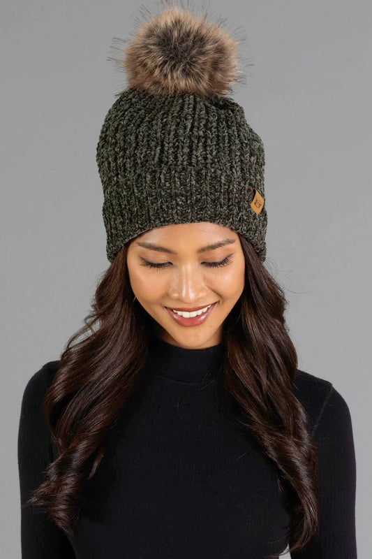 DARK OLIVE CHENILLE POM HAT