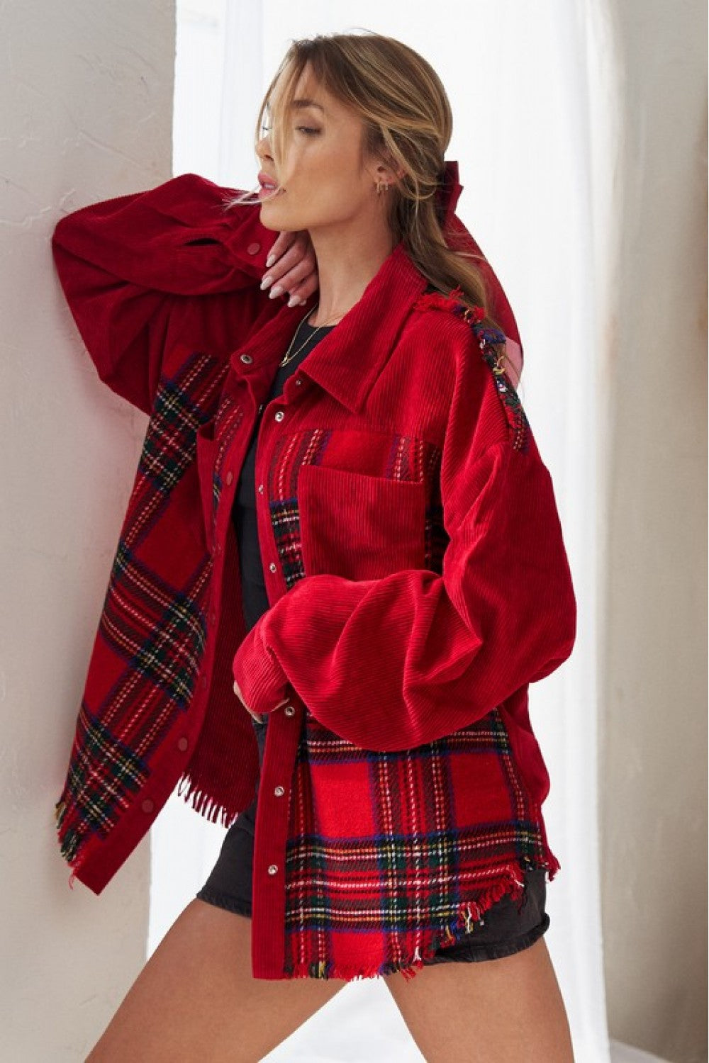 FRAY CORDUROY/PLAID COLORBLOCK COLLAR JACKET