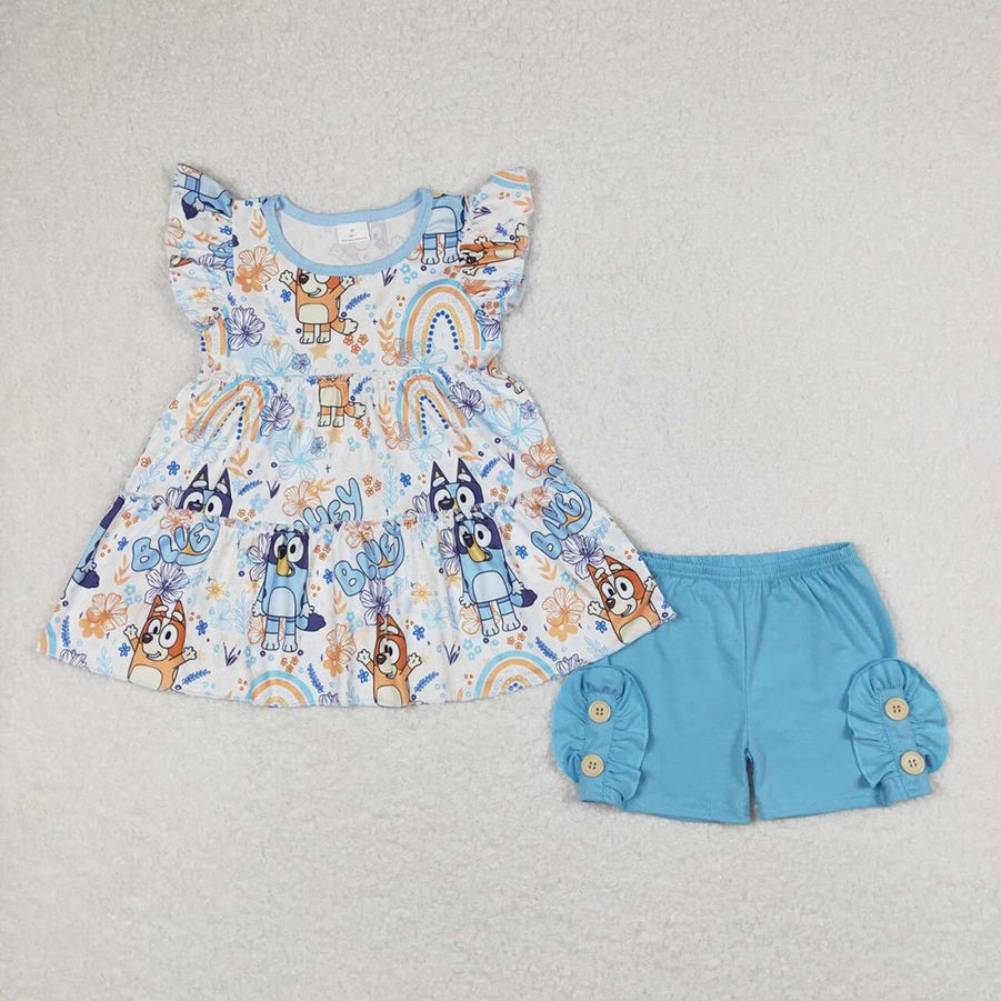 Girls Bluey Rainbow Flowers Tunic Top Ruffle Buttons Short