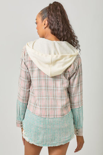 PLAID BUTTON UP WASHED HOODIE JACKET