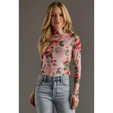 Pink & Green floral mesh top
