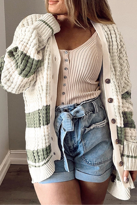 Curvy Color Block Cable Knit Buttoned Cardigan