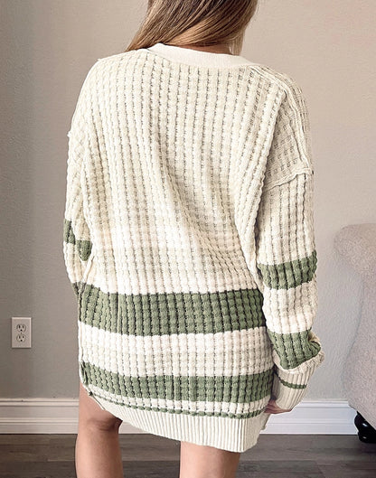 Curvy Color Block Cable Knit Buttoned Cardigan