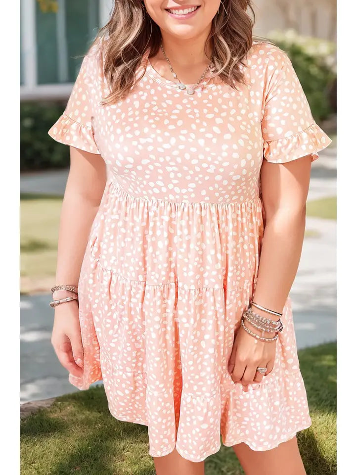 Curvy Peach Leopard Print Tiered Ruffled Dress