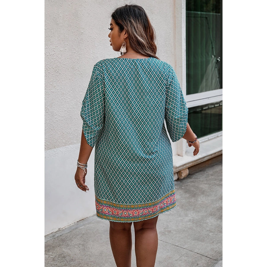 Curvy V Neck Printed Loose Fit Midi Dress